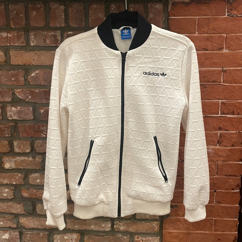 Adidas White Embossed Bomber Jacket - XS